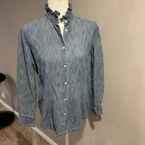 Lauren Ralph Lauren LRL Ruffle Collar Denim Shirt Button Down Womens Medium